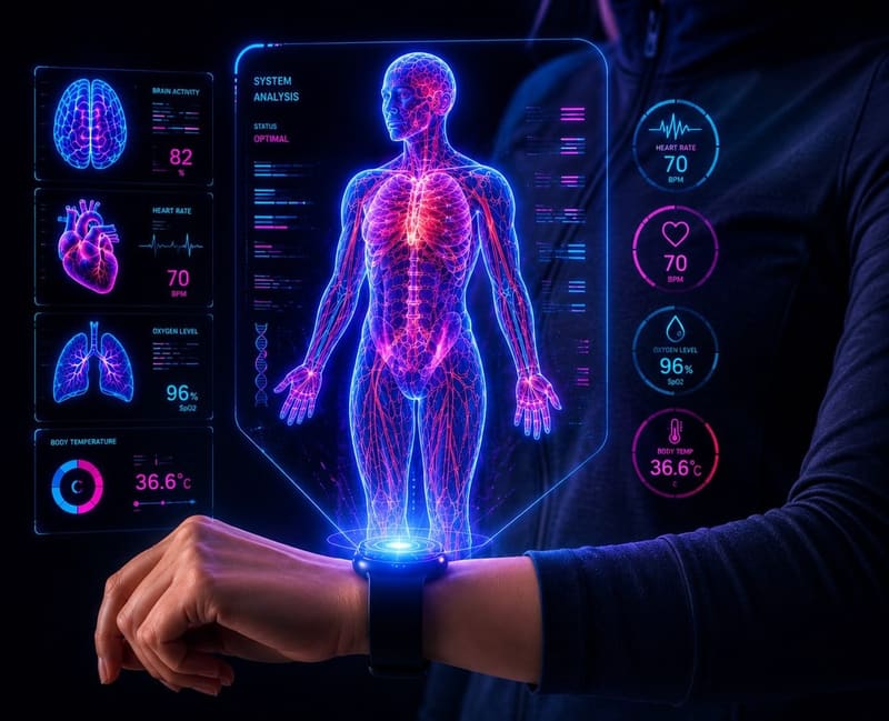 A holographic full-body scan projected above a wristband, with readouts for circulation, heart rate, oxygen level and body temperature